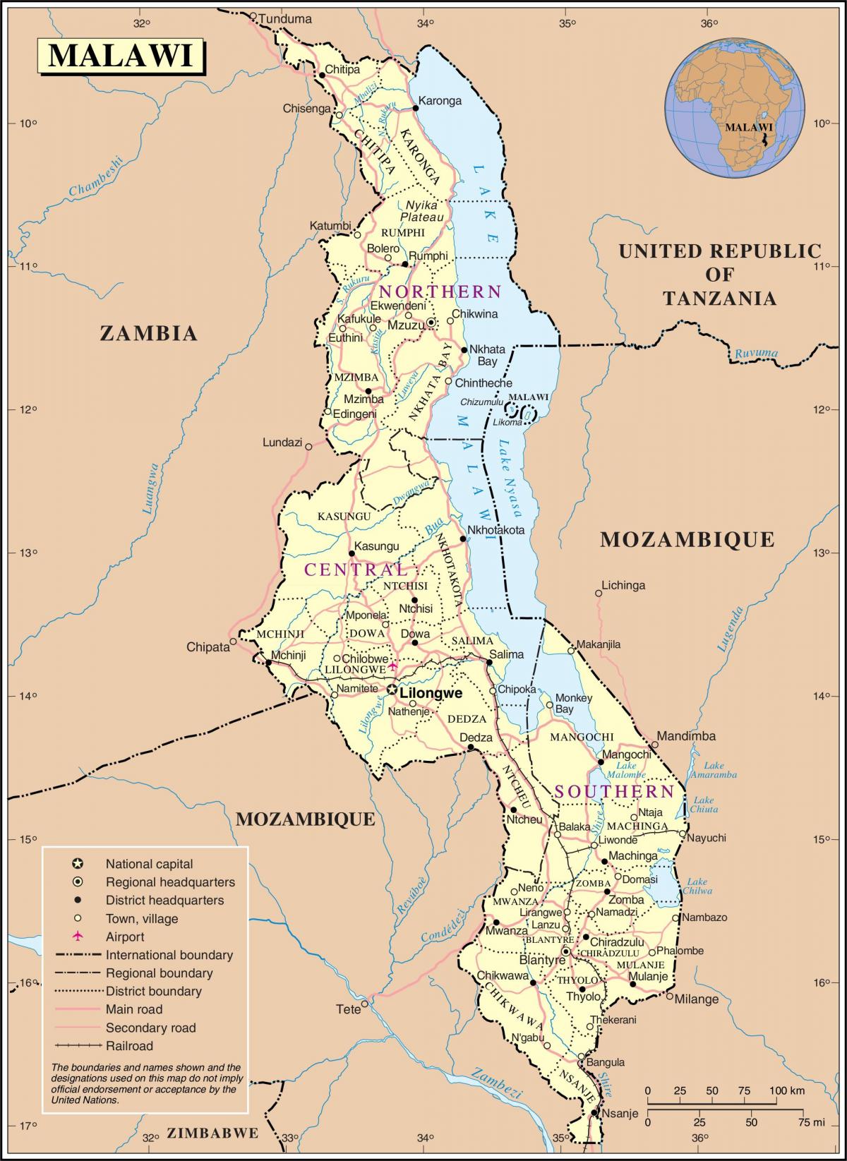 χάρτης του Μαλάουι δείχνει δρόμους