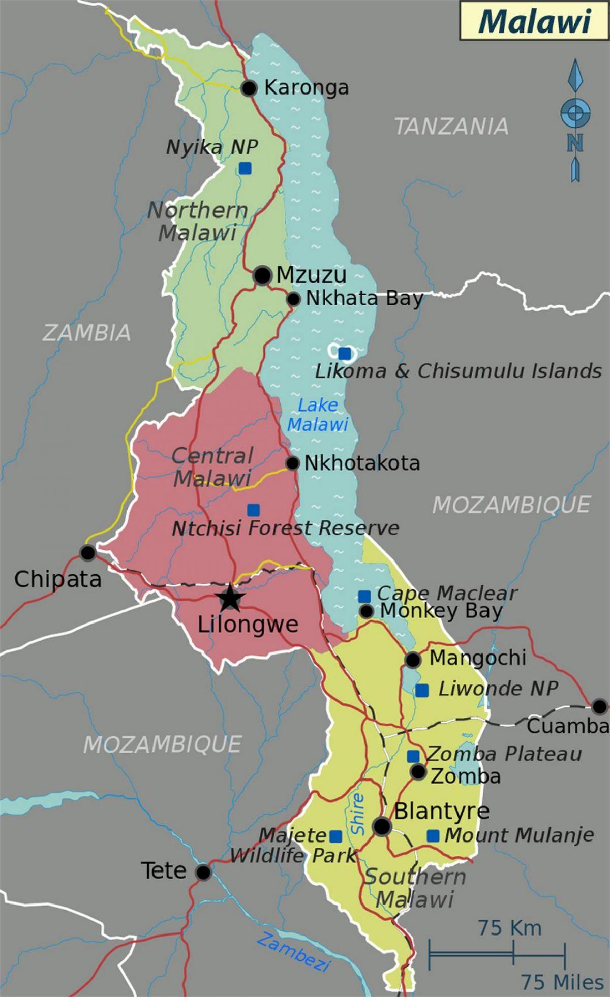 χάρτης της λίμνης Μαλάουι της αφρικής