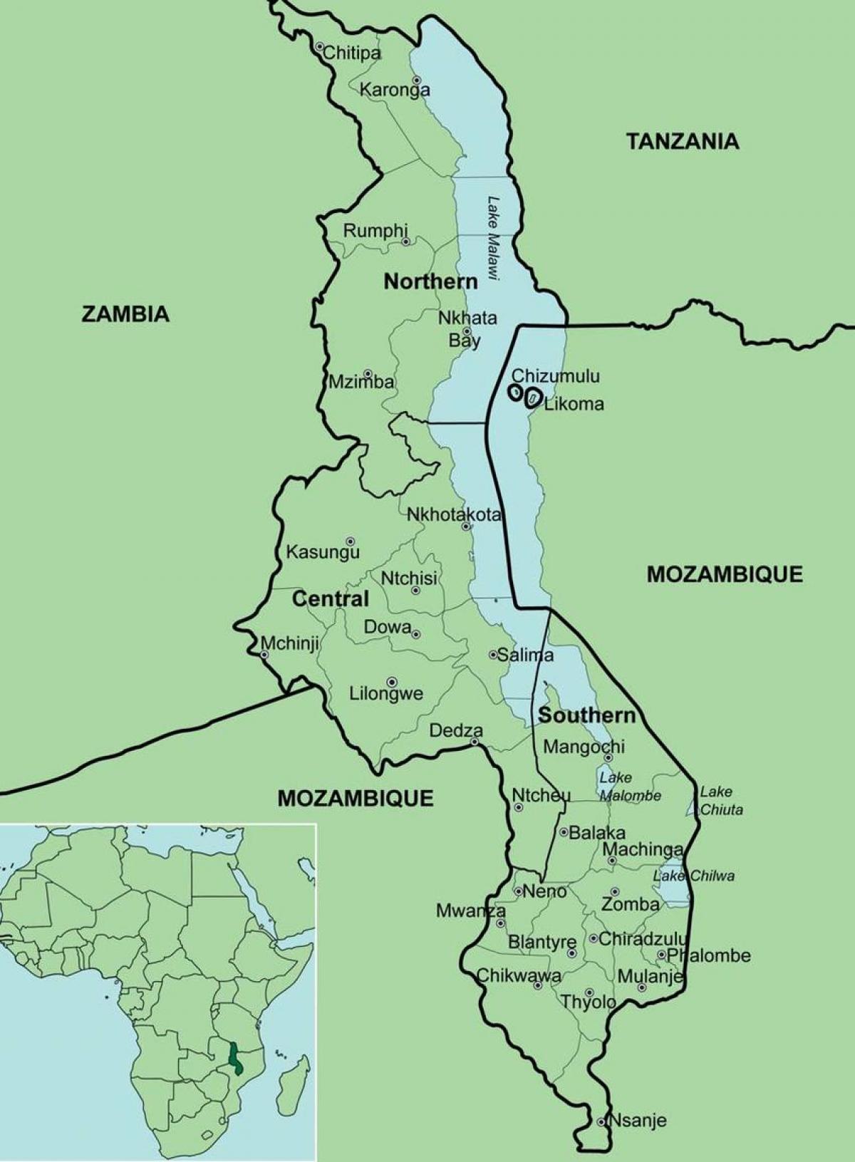 χάρτης του Μαλάουι δείχνει περιοχές
