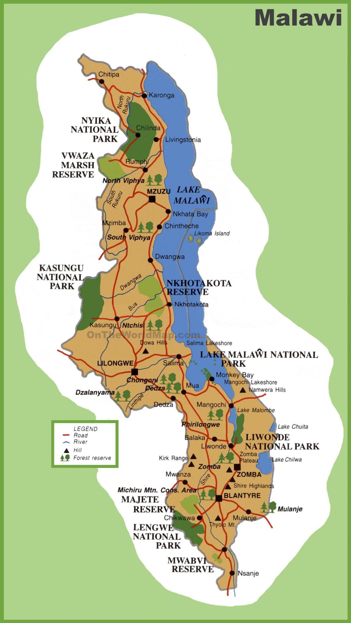 χάρτης του Μαλάουι και τις γύρω χώρες